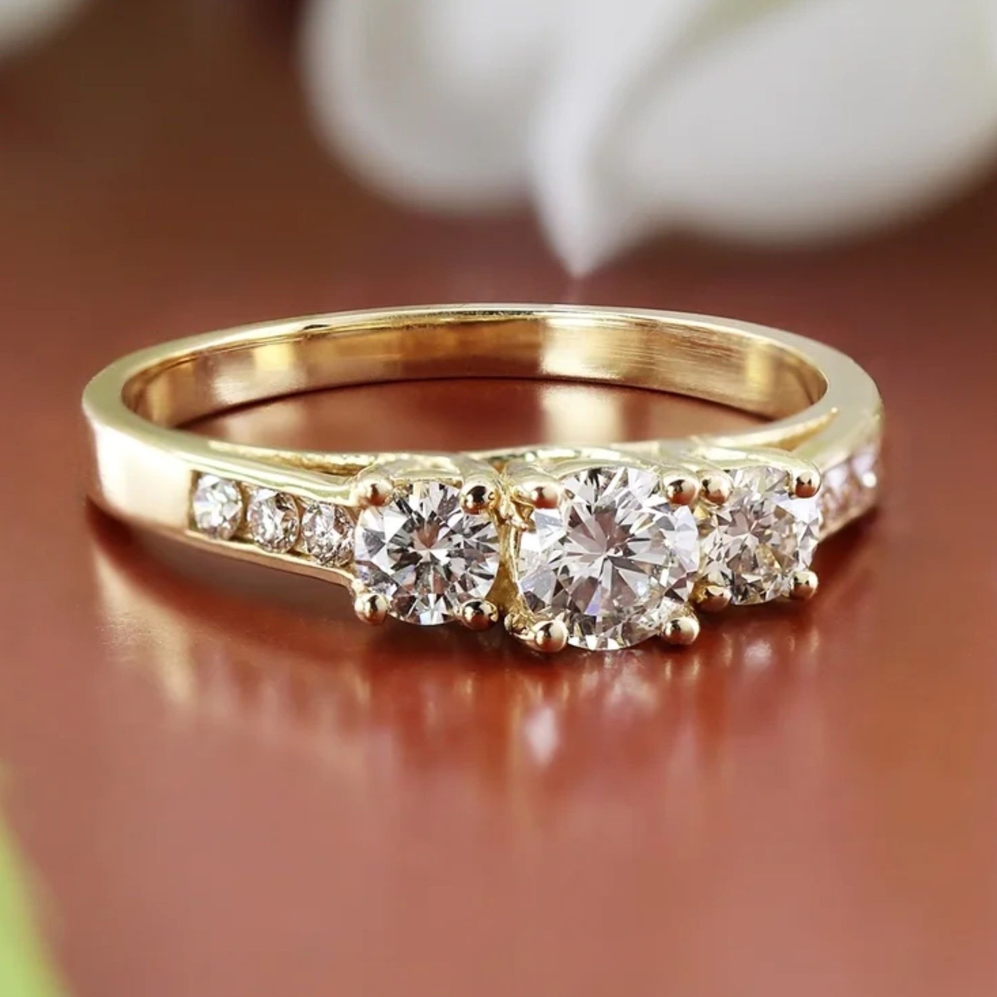 Three Stone Round .50 Carat Center Diamond Look Cubic Zirconia Engagement  Ring in 14K Yellow Gold